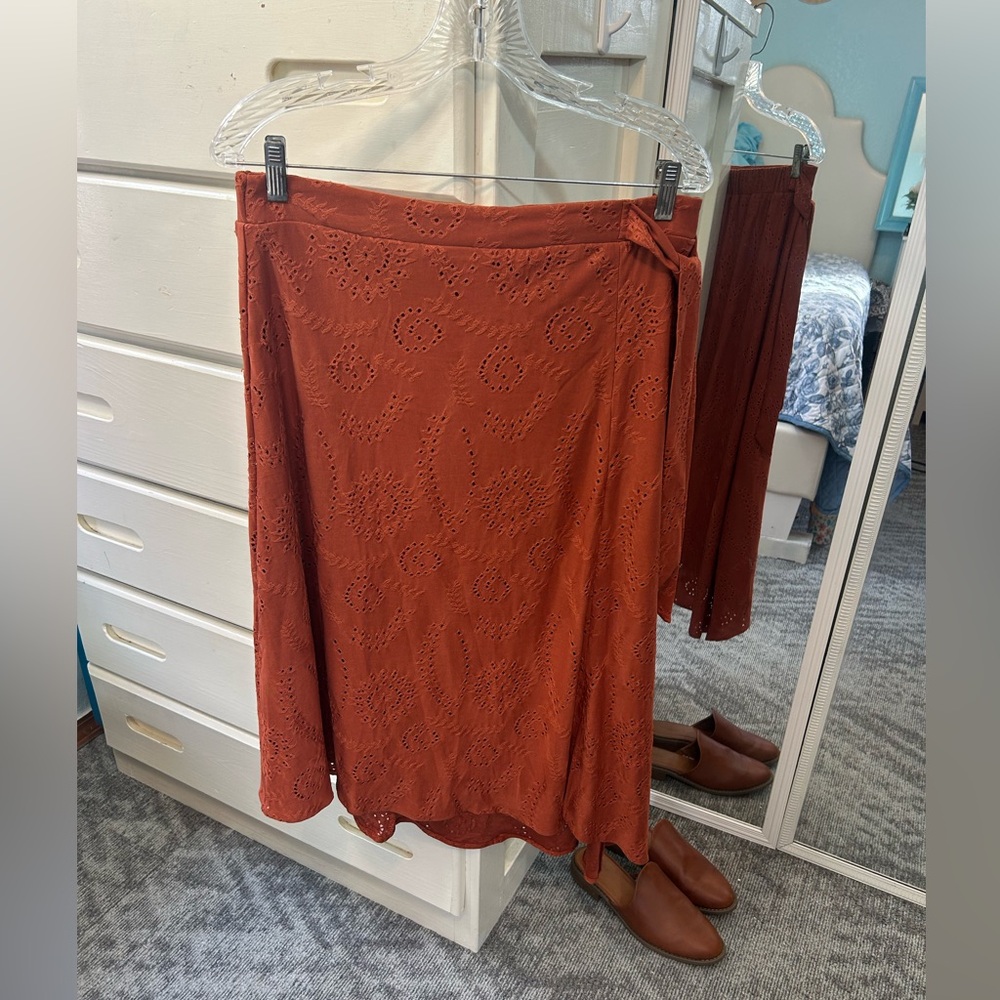 Eyelet Rust Burnt Orange Autum Fall Tie Waist Midi Skirt✨
